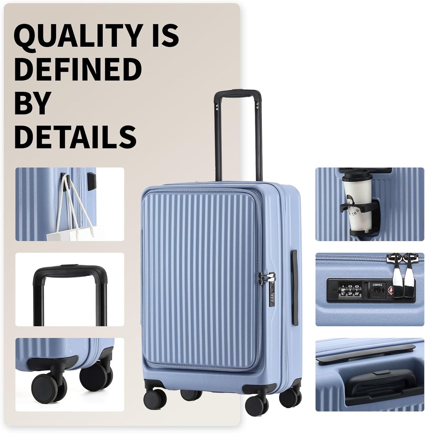 24 Inch Top Opening Checked Travel Luggage Expandable with Spinner Wheels,All PC Hard Shell Hardside Lightweight Medium Suitcase with TSA Approved Cup Holder for Business Trips Woman Men,Blue
