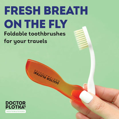 MOUTHWATCHERS Soft Flossing Folding Travel Toothbrush, 2 Pack, Red, Ultra Clean, Good for Sensitive Teeth and Gums, by Dr. Plotka's. Assorted Colors