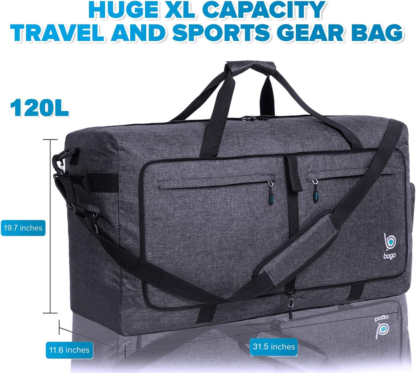 Bago Large Foldable Duffel Bags for Traveling Women & Men - 120L Packable Duffle Bag for Travel with Shoe Compartment - Water Repellant, Heavy Duty, Lightweight Folding & Collapsible (SnowBlack)