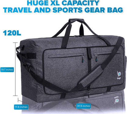Bago Large Foldable Duffel Bags for Traveling Women & Men - 120L Packable Duffle Bag for Travel with Shoe Compartment - Water Repellant, Heavy Duty, Lightweight Folding & Collapsible (SnowBlack)