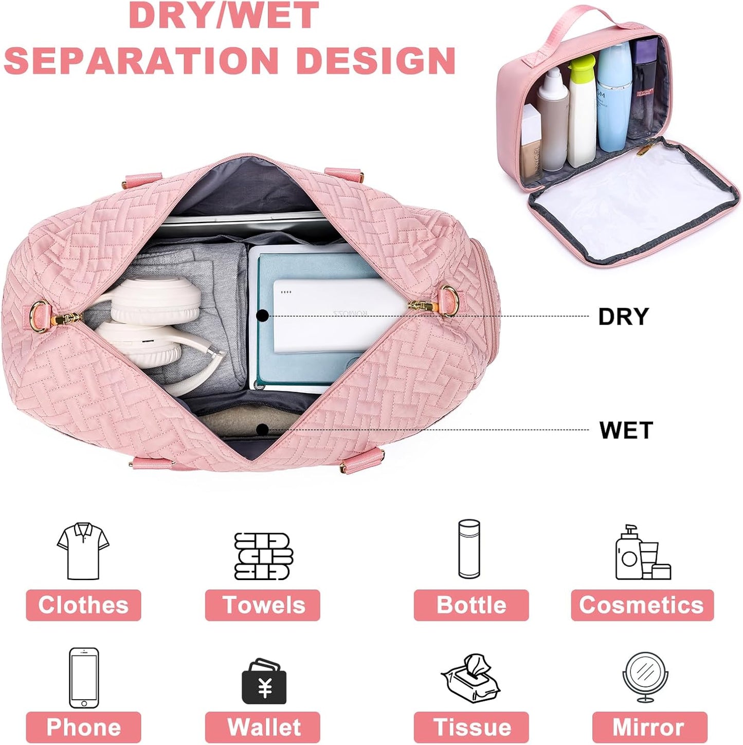 Women Duffle Weekender Travel Bag: Large Duffel Bags with Shoe Compartment Carry On Overnight Tote Bag with Wet Pocket Toiletry Bags Traveling Weekend Gym Yoga Hospital Bag for Labor and Delivery Pink