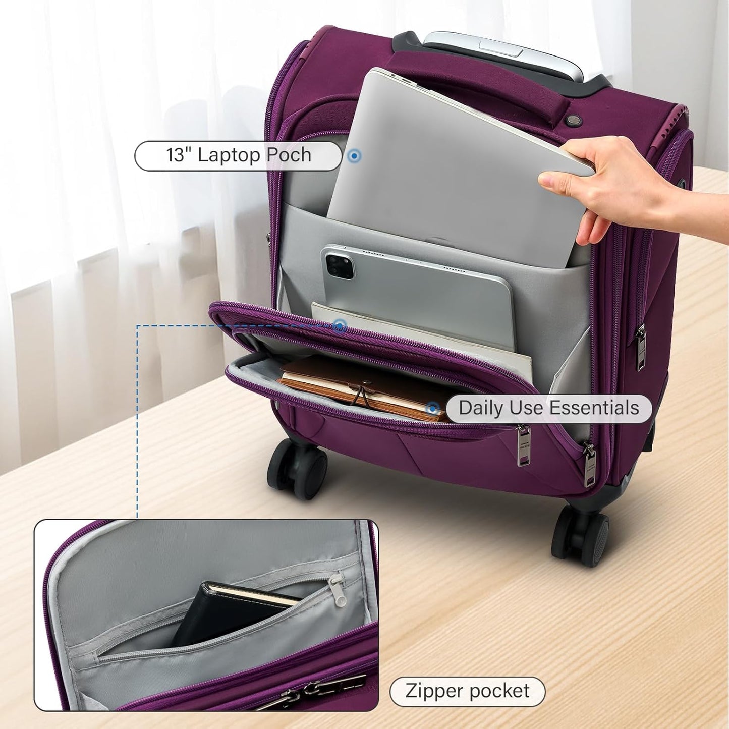 16 Inch Underseat Carry On Luggage with Wheels Softside Small Suitcases Personal Item Bag with Pocket Travel Luggage for Men Women Business Overnight Bag(Purple)