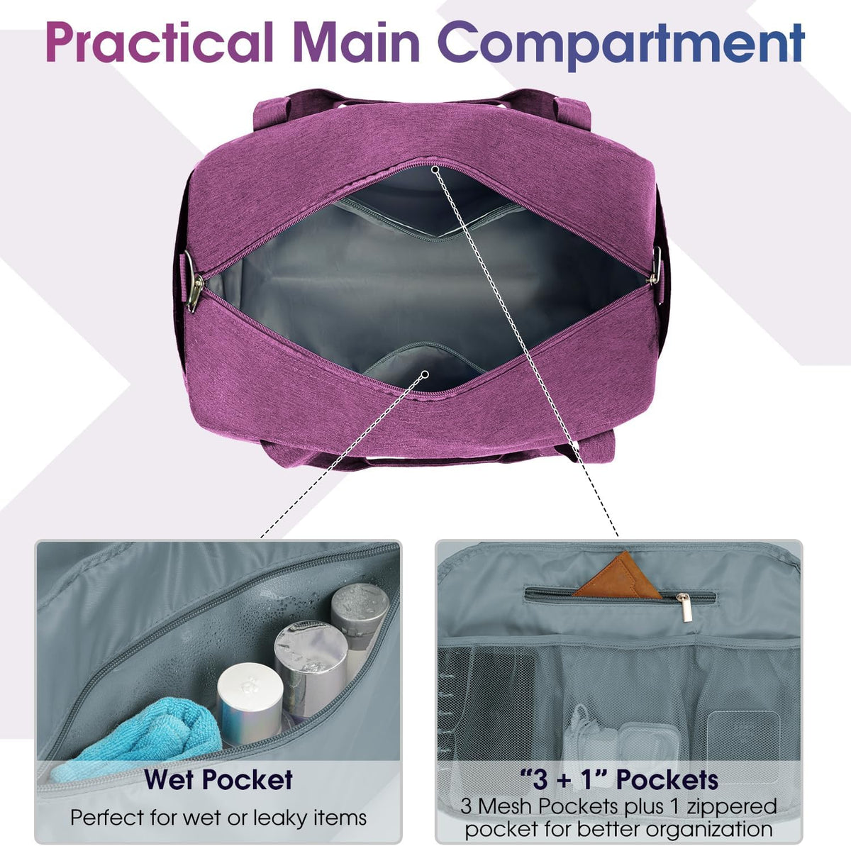 Narwey 18" Carry on Bag Underseat for Airplane with Wet Pocket Spirit Airlines Personal Item Bag Travel Duffel Bag Small Gym Bag Weekender Overnight for Women and Men (Dark Purple)