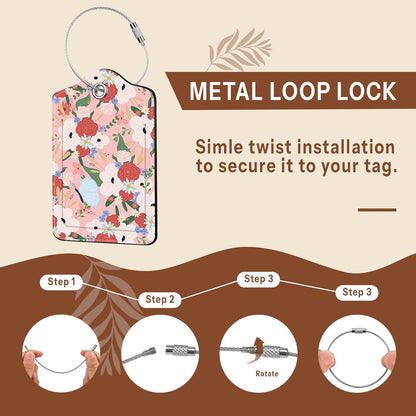 2 Pack Floral Luggage Tag for Suitcase, Pink Luggage Tags PU Leather Suitcase Tags Identifiers Stainless Steel Loop ID Bag Tags Card Baggage Bag Label