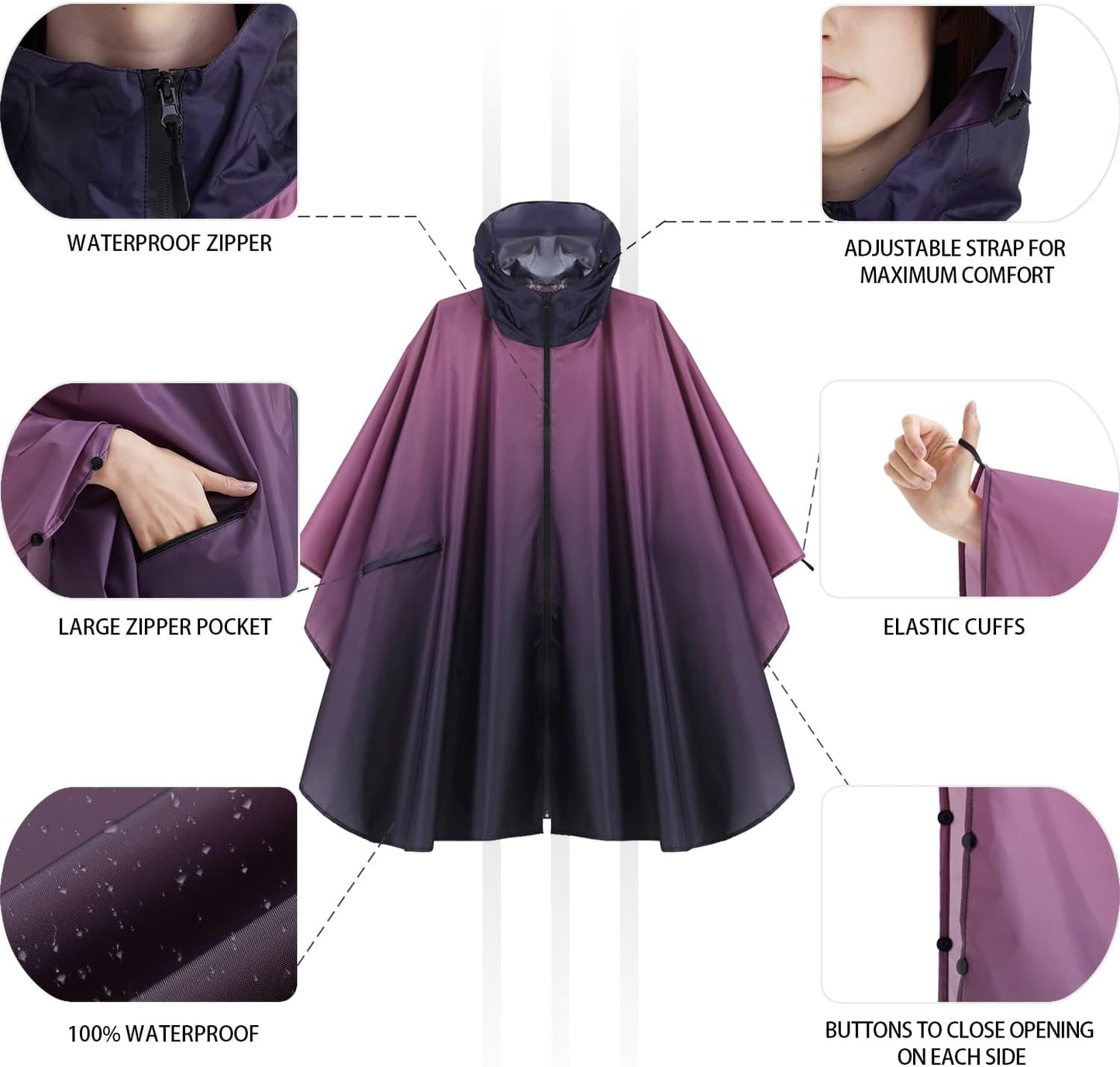 Rain Poncho Jacket Coat Hooded Zipper Style for Women/Men/Adult with Pocket