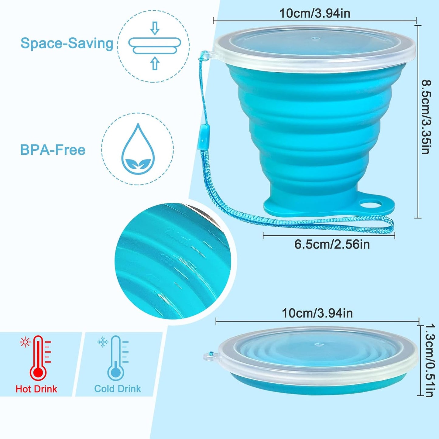 Silicone Collapsible Cup with Lid – Portable Collapsible Travel Cup for Hot and Cold Drinks – Leakproof Collapsible Cups for Camping, Hiking, Office (2 Pack)