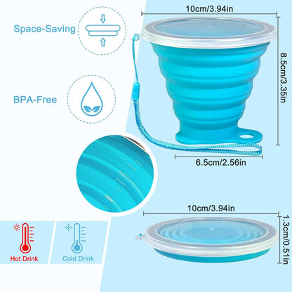 Silicone Collapsible Cup with Lid – Portable Collapsible Travel Cup for Hot and Cold Drinks – Leakproof Collapsible Cups for Camping, Hiking, Office (2 Pack)