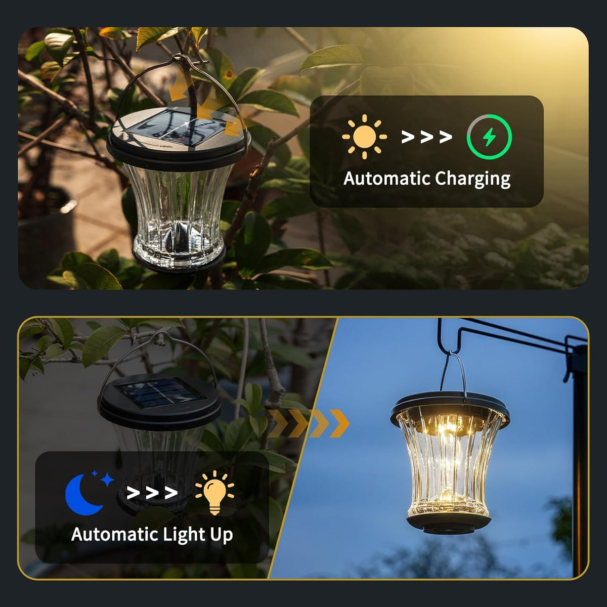 Glass Solar Lantern Outdoor, Waterproof Hanging Solar Lights for Outside with Modular Design, 3000K LED, Auto On/Off Table Lamp for Garden Patio Yard Fence Wall Decorative, Warm White(2 Pack)