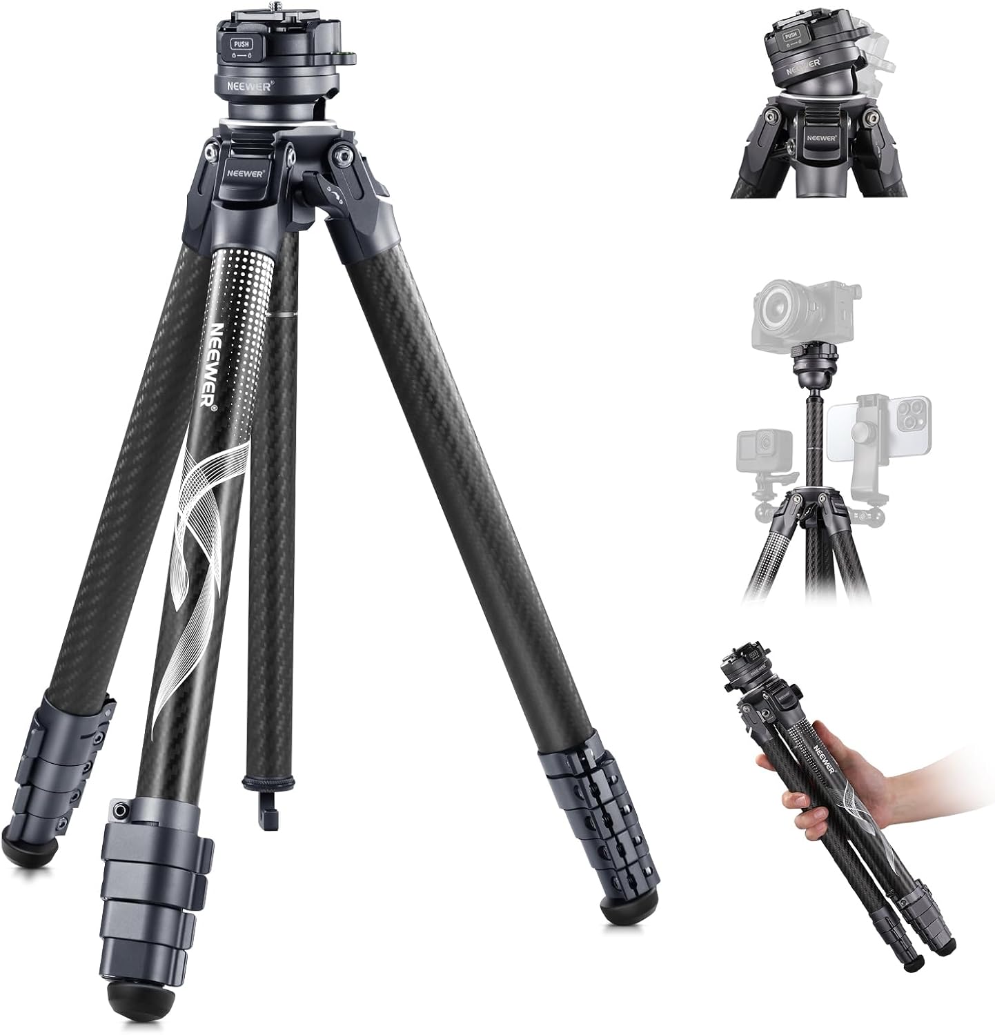 NEEWER LITETRIP LT32 62" Travel Tripod Carbon Fiber with ±15° Leveling 360° Panorama Head, Detachable Center Axis, Fast Flip Buckle, Arca QR Plate Compatible with Peak Design Capture V3, (Former TP62)