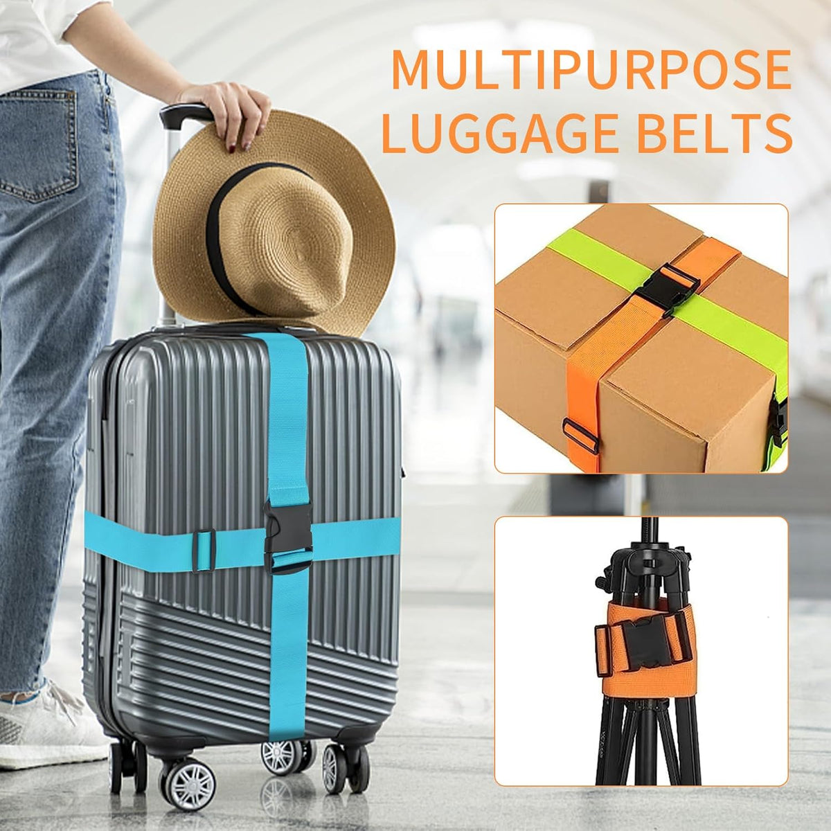 BILIONE 4 Pack Luggage Straps 79" Long Belts Keep Suitcase Secure While Traveling, TSA Approved Add a Bag Premium Accessory for Travel Bag Closure (2PCS Blue + 2PCS Orange)