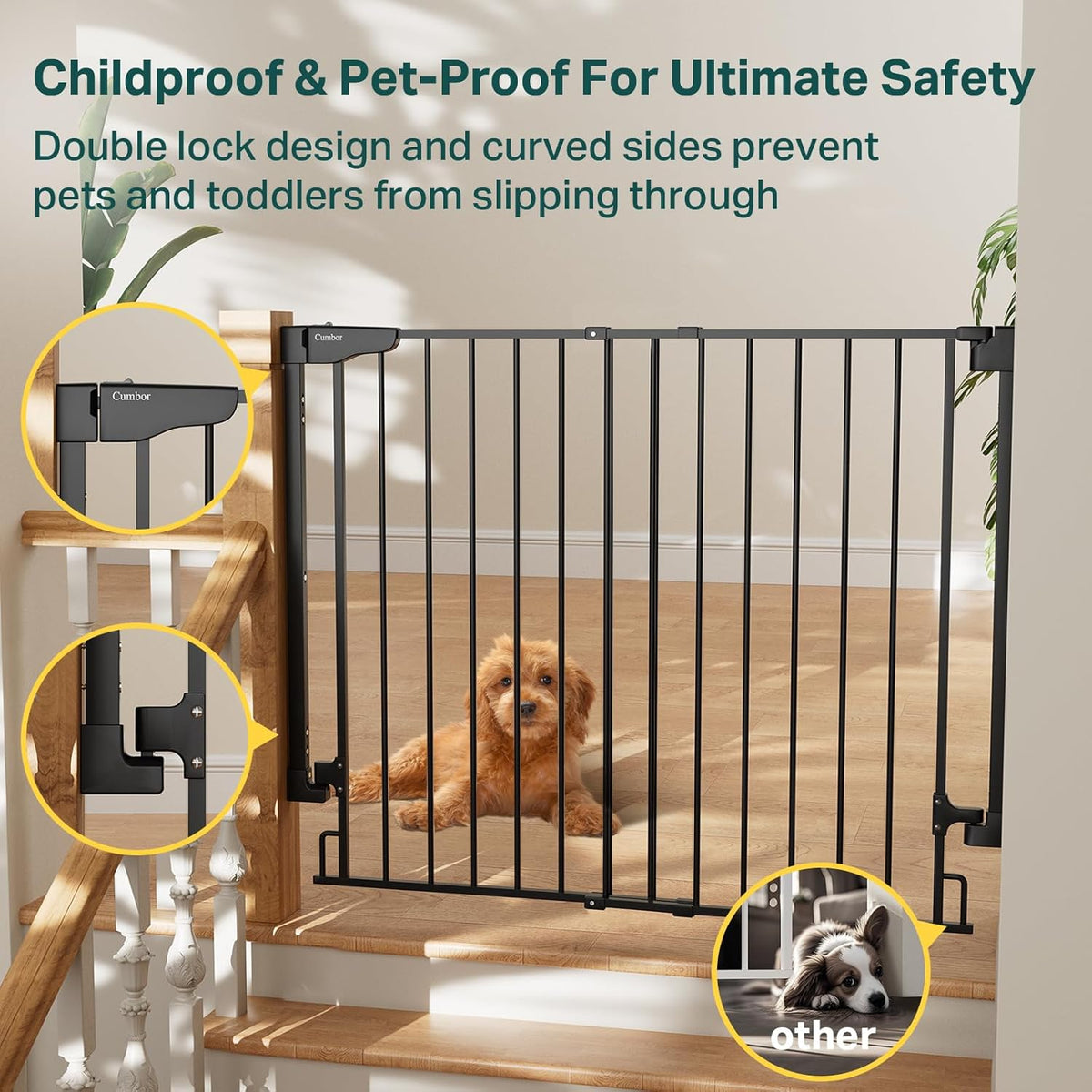 Cumbor 34" Extra Tall No Bottom Bar Baby Gate for Stairs, Wall Mounted Dog Gate Indoor for Larger Pets, Expandable 29.2-43" Safety Gate for Doorways, Wide Walk Thru Door for Easy Access (Black)