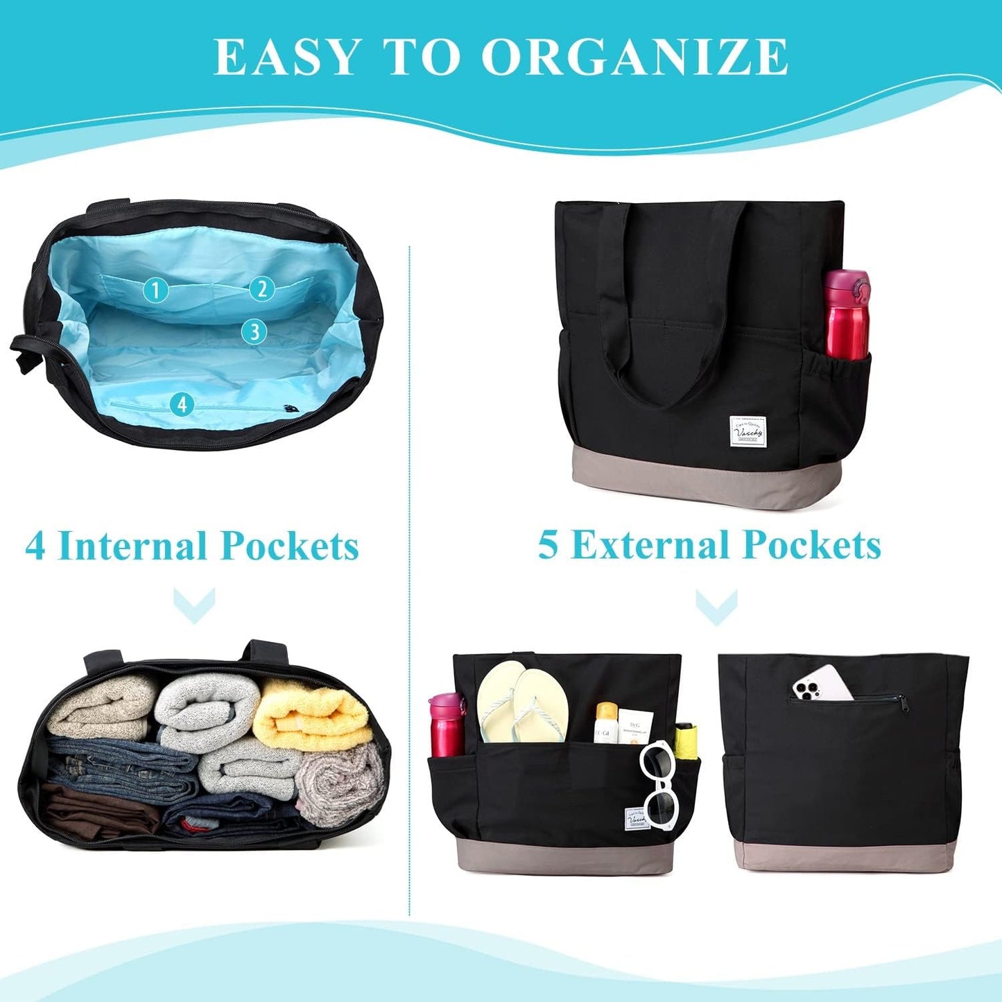 VASCHY Beach Bag for Women, Large Waterproof Sandproof Fold-able Packable Pool Tote Bag w Zipper/Pockets