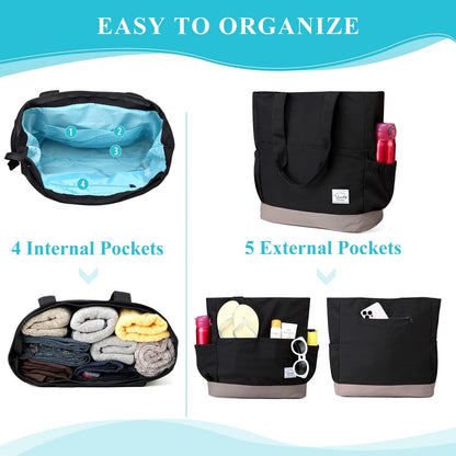 VASCHY Beach Bag for Women, Large Waterproof Sandproof Fold-able Packable Pool Tote Bag w Zipper/Pockets