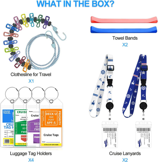 Cruise Ship Essentials, Cruise Luggage Tags, Lanyards for Cruise Ship Cards, Beach Towel Bands, Travel Clothesline, Cruise Essentials 2025 Set Works with All Cruise Lines