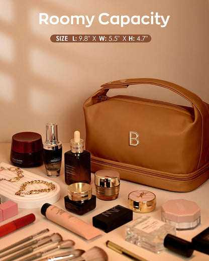 Women Birthday Gift, Personalized Makeup Bag with Handle, Initial Double Layer Cosmetic Bag with Makeup Brush Organizer, Cute Cosmetic Pouch for Women, Gifts for Friends Female Mom