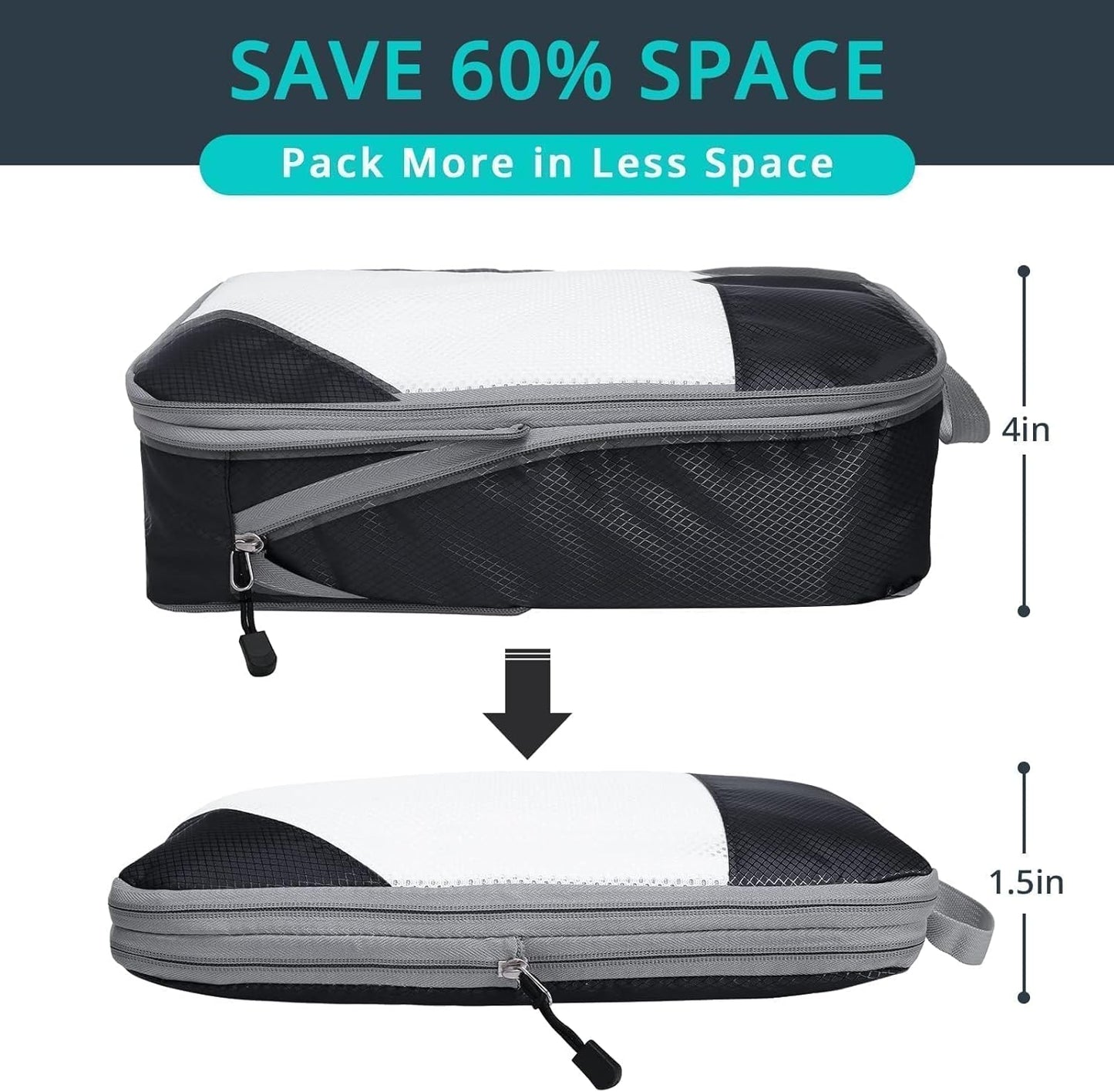 6 Set Compression Packing Cubes for Travel - Compressible, Lightweight, and Space-Saving Packing Cubes, Travel Essentials for Women, Black