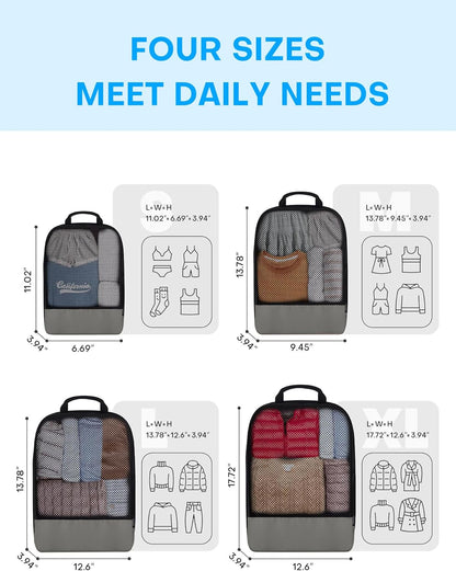 4 PCS Set Compression Packing Cubes for Travel, Lightweight Packaging Organizer Bags for Carry On Space Saving, Travel Essentials Cubes for Suitcase Backpack, Grey