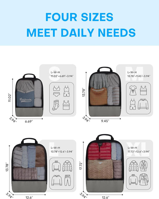 4 PCS Set Compression Packing Cubes for Travel, Lightweight Packaging Organizer Bags for Carry On Space Saving, Travel Essentials Cubes for Suitcase Backpack, Grey