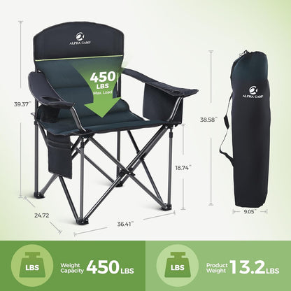 LET'S CAMP Oversized Folding Camping Chair Portable Outdoor Heavy Duty Padded Chairs Lawn Chair with Cup Holder, Storage Pocket and Cooler Bag, Supports 450LBS, for Camp, Travel, Picnic,2 Pack(Green)