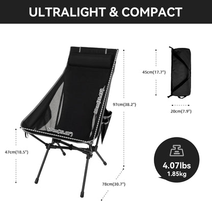 Portable High Back Camping Chair, Support Heavy Duty 440 lbs, Lightweight Folding Chair with Adjustable Pillow for Hiking, Beach, Backpacking
