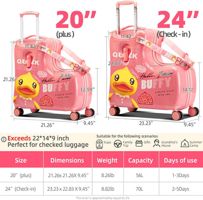 Kids' Lightweight Ride on Luggage with Spinner Wheels & Foldabe Design (Pink Duck, 24"+ Aged 3-12 Toddler)