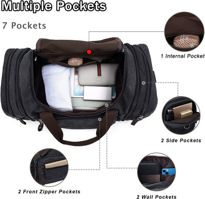 Felipe Varela Duffle Bag for Men, Canvas Expandable Duffel Bag for Travel, Mens Carry On Luggage Bags Traveling Weekender Gym Overnight Duffel Bags for Airplanes, Black