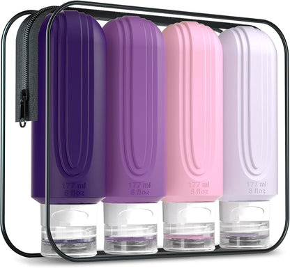 Travel Bottles for Toiletries, Large 6oz Oversize Containers, BPA Free Leak Proof Tubs Refillable Liquid Traveler Accessories with Toiletry Bag for Cometic Shampoo and Lotion Soap (4 Pack)