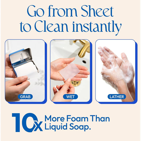 FOMIN - Antibacterial Paper Soap Sheets Tin for Traveling - (300 Sheets) Unscented - Portable Travel Hand Soap Sheets, Dissolvable Mini Camping Hand Soap for Hand Washing