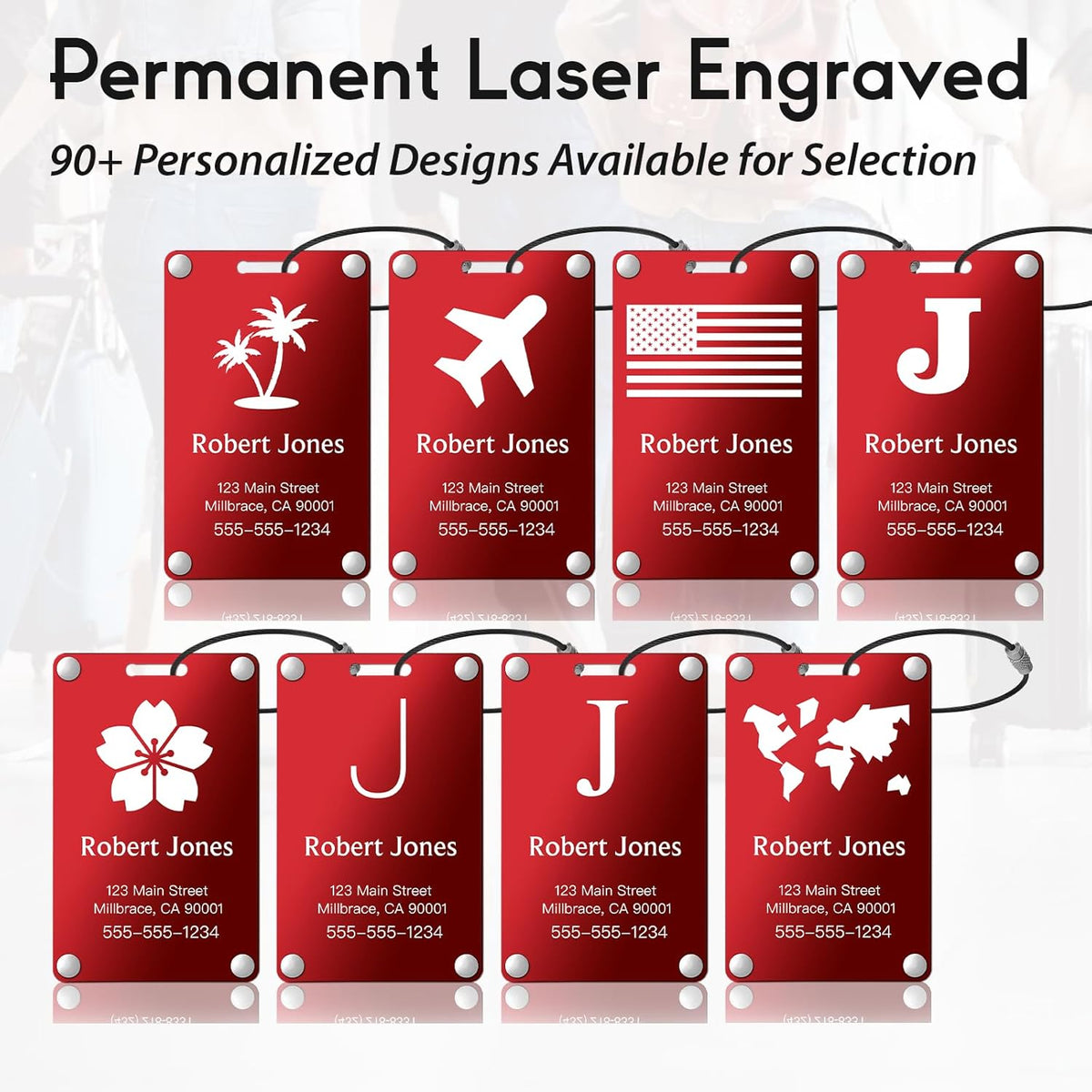 Personalized Luggage Tags: Custom Metal Luggage Tags for Suitcases, Backpacks and Bags with Your Personalized Text (Red)