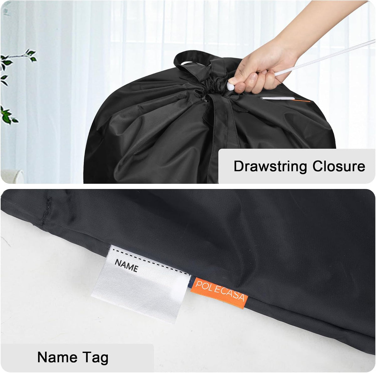 Polecasa Heavy Duty Large Laundry Bag with 130gsm Tear Resistant Fabric, ID Tag and Handles, Easy to Carry Dirty Clothes Drawstring Bag, Perfect for College Dorm, Travel, 28”x36”, Black