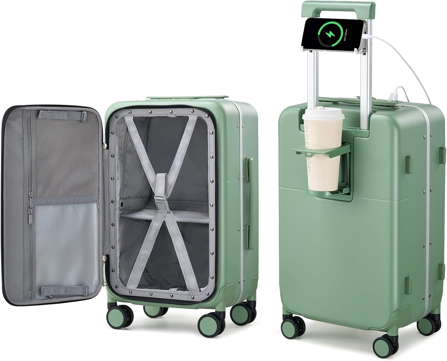 Hanke 20 Inch Carry On Luggage with Cup Holder and Charge,Top Opening Hard Shell Suitcases with Wheels and Dividers,Aluminum Frame Trunk Luggage Small Suitcase with Lock for Travel,Forest Green