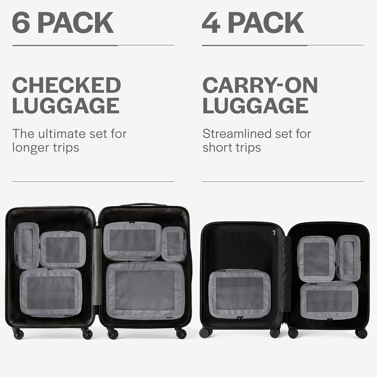 Aerotrunk Compression Packing Cubes for Travel - Luggage Organizer Bags - Double Zipper Packing Cubes for Suitcases (6-Pack, Dark Grey)