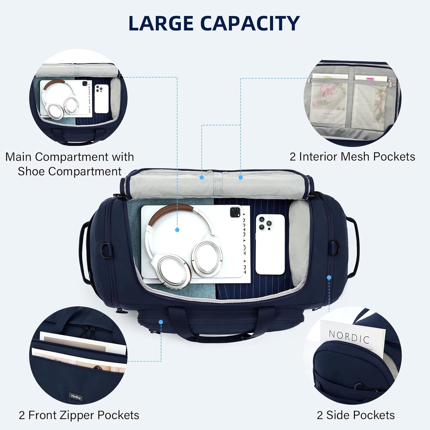 Large Travel Duffle Gym Bag with Shoe Compartment, Underseat Carry On Luggage Overnight Weekender Personal Item Workout Bags for Women Men (Navy Blue)