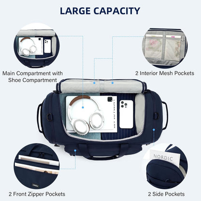 Large Travel Duffle Gym Bag with Shoe Compartment, Underseat Carry On Luggage Overnight Weekender Personal Item Workout Bags for Women Men (Navy Blue)