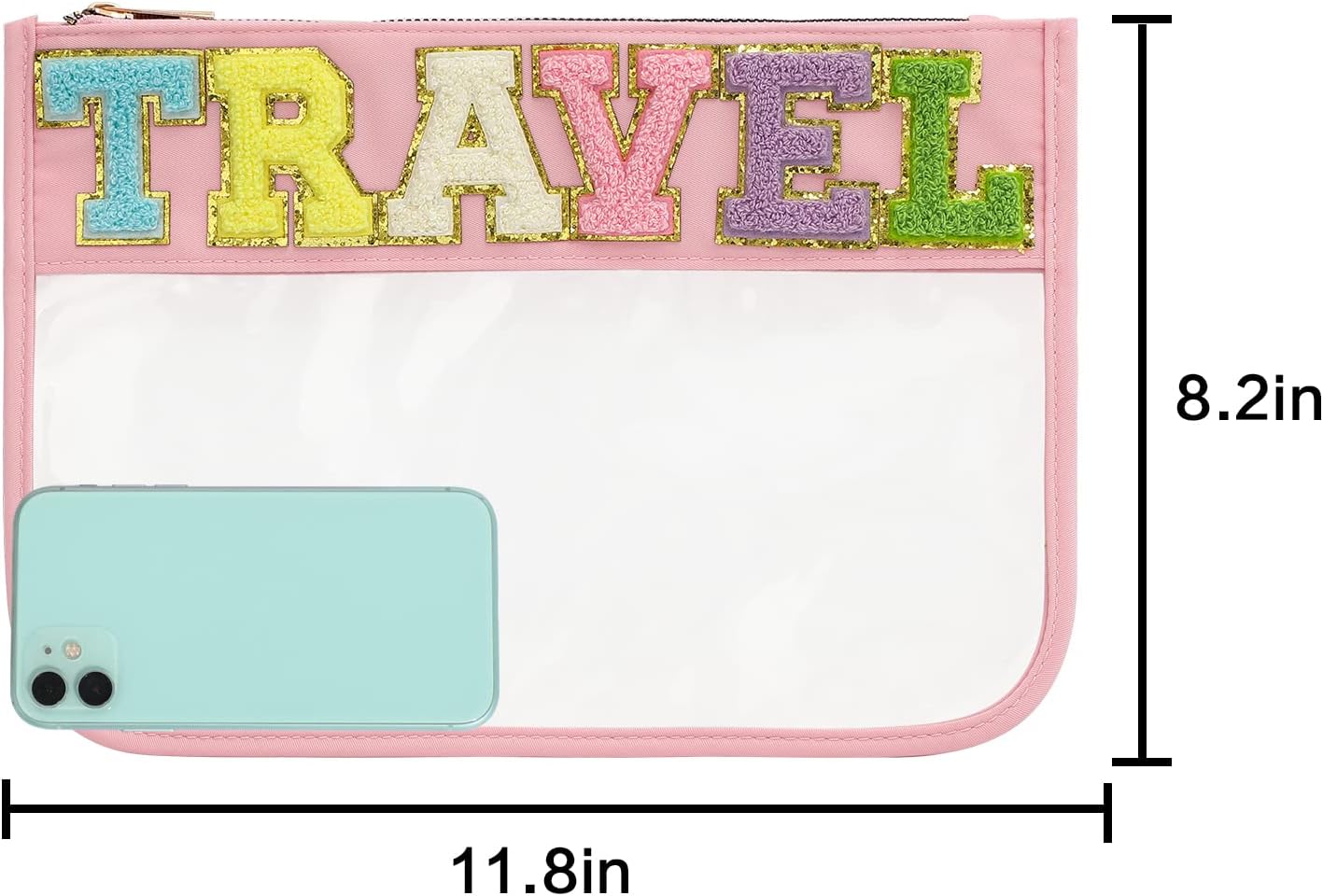 DYSHAYEN Chenille Letter Clear Zipper Pouch for Travel,Nylon Clear Cosmetic Bag,Makeup Travel Bag for Women Girls 11.8 Inches x 8.2 Inches