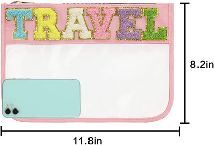 DYSHAYEN Chenille Letter Clear Zipper Pouch for Travel,Nylon Clear Cosmetic Bag,Makeup Travel Bag for Women Girls 11.8 Inches x 8.2 Inches