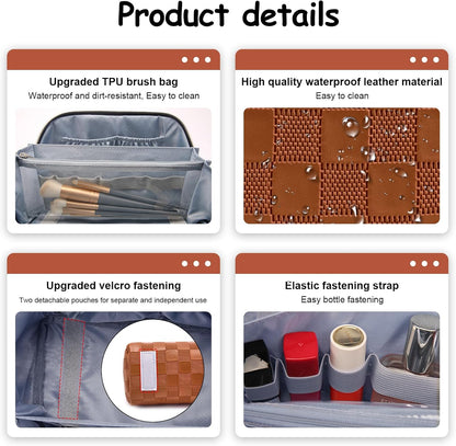 Travel Makeup Bag Organizer Cosmetic Bag: 3 Pcs Set Make up Bags for Women with Handle - Waterproof Vegan Leather Toiletry Bags with Comparments (C-10-Brown)