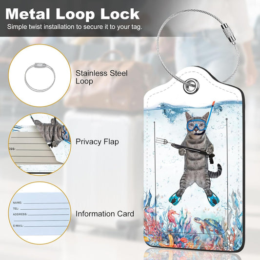 2Pack Luggage Tags for Suitcases, Cute Unique Pu Leather Cruise Luggage Tag with Privacy Cover ID Label Address Card and Metal Ring Suitable for Women Men Kids Travel Bag The Diving Cat