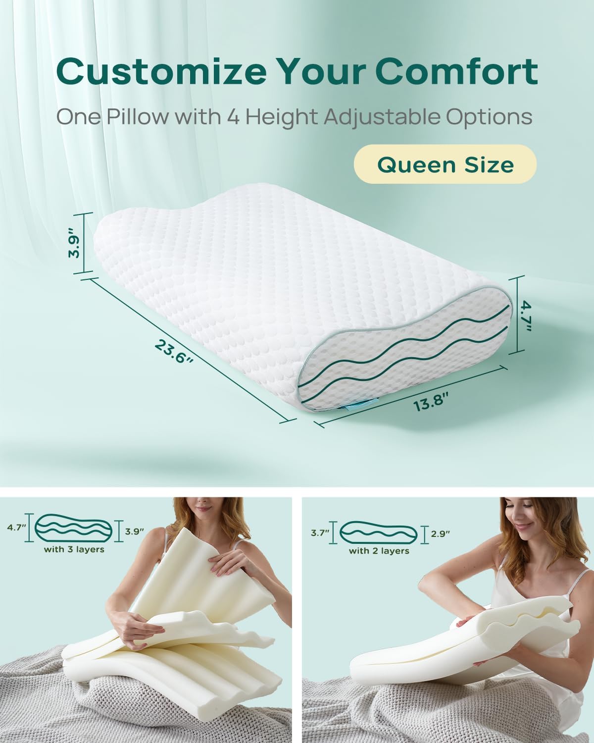Cervical Neck Pillow, Side Sleeper Pillow for Neck Pain Relief, Adjustable Contour Pillow for Sleeping, Ergonomic Memory Foam Pillow, Orthopedic Cooling Pillow Back Stomach Sleeping, Queen Size