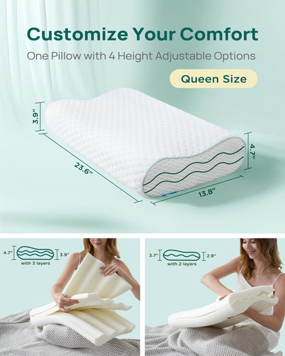 Cervical Neck Pillow, Side Sleeper Pillow for Neck Pain Relief, Adjustable Contour Pillow for Sleeping, Ergonomic Memory Foam Pillow, Orthopedic Cooling Pillow Back Stomach Sleeping, Queen Size