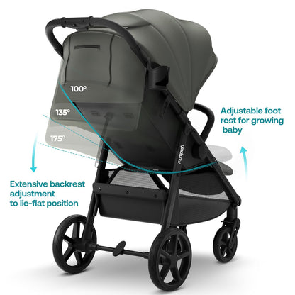 Mompush Nova Baby Stroller for Toddler, Infant & Newborn | Spacious Seat & Lie-Flat Mode | Compact One-Hand Fold, UPF 50+ Canopy & All-Wheel Suspension | Includes Rain Cover & Cup Holder, Green