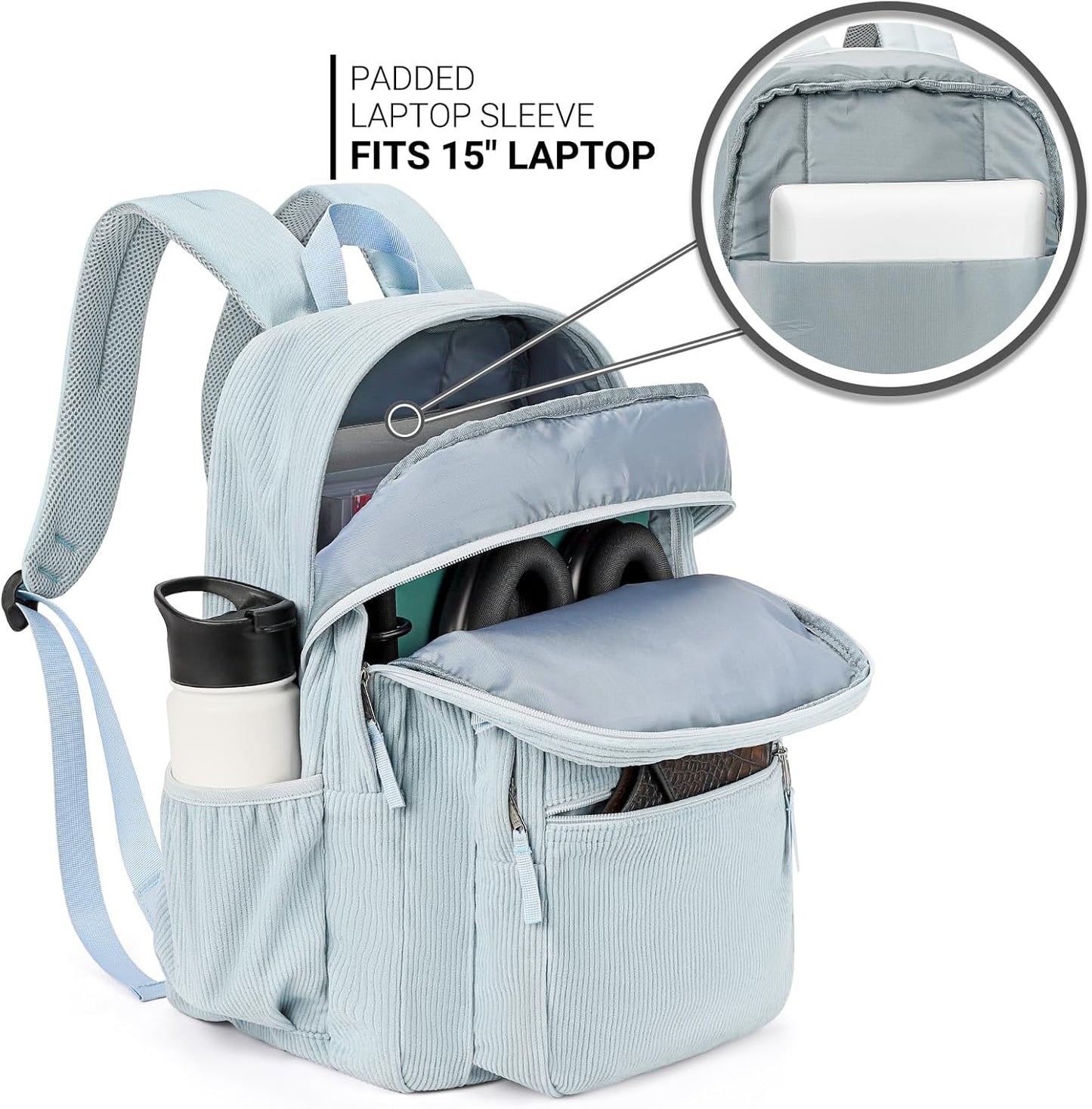 ZORFIN 26L Backpack for College, and Travel: Corduroy Bookbag - Sky Blue