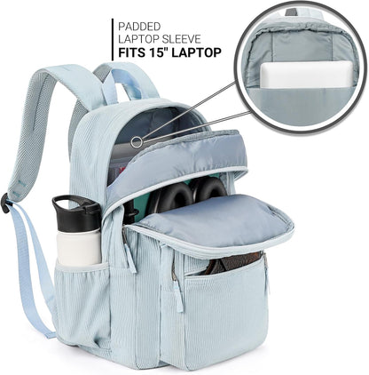 ZORFIN 26L Backpack for College, and Travel: Corduroy Bookbag - Sky Blue