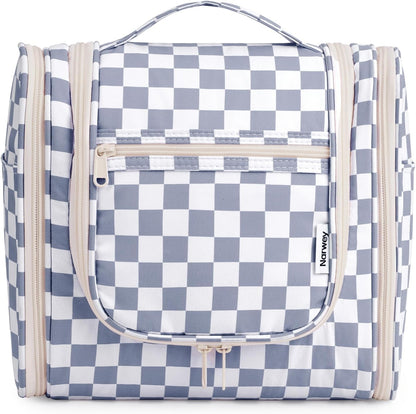 Narwey Checked Hanging Travel Toiletry Bag for Women, Travel Bag for Toiletries, Makeup Bag Organizer Cosmetic Bags Make Up Bags for Women (Grayish Blue Checkerboard)