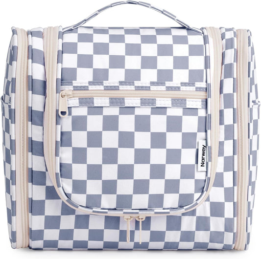Narwey Checked Hanging Travel Toiletry Bag for Women, Travel Bag for Toiletries, Makeup Bag Organizer Cosmetic Bags Make Up Bags for Women (Grayish Blue Checkerboard)