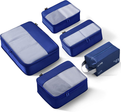 5 Set Compression Packing Cubes for Travel, Space Saving Luggage Organizer Bags (Dark Blue)