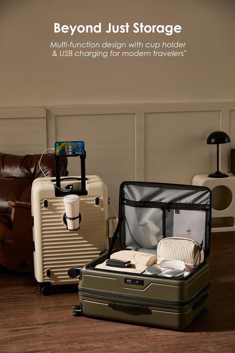 HotWay 24 Inch Expandable Front Opening Checked Luggage with Cup Phone Holder and USB Port, Lightweight Hardshell Suitcase with Wheels and TSA Aproved Locks