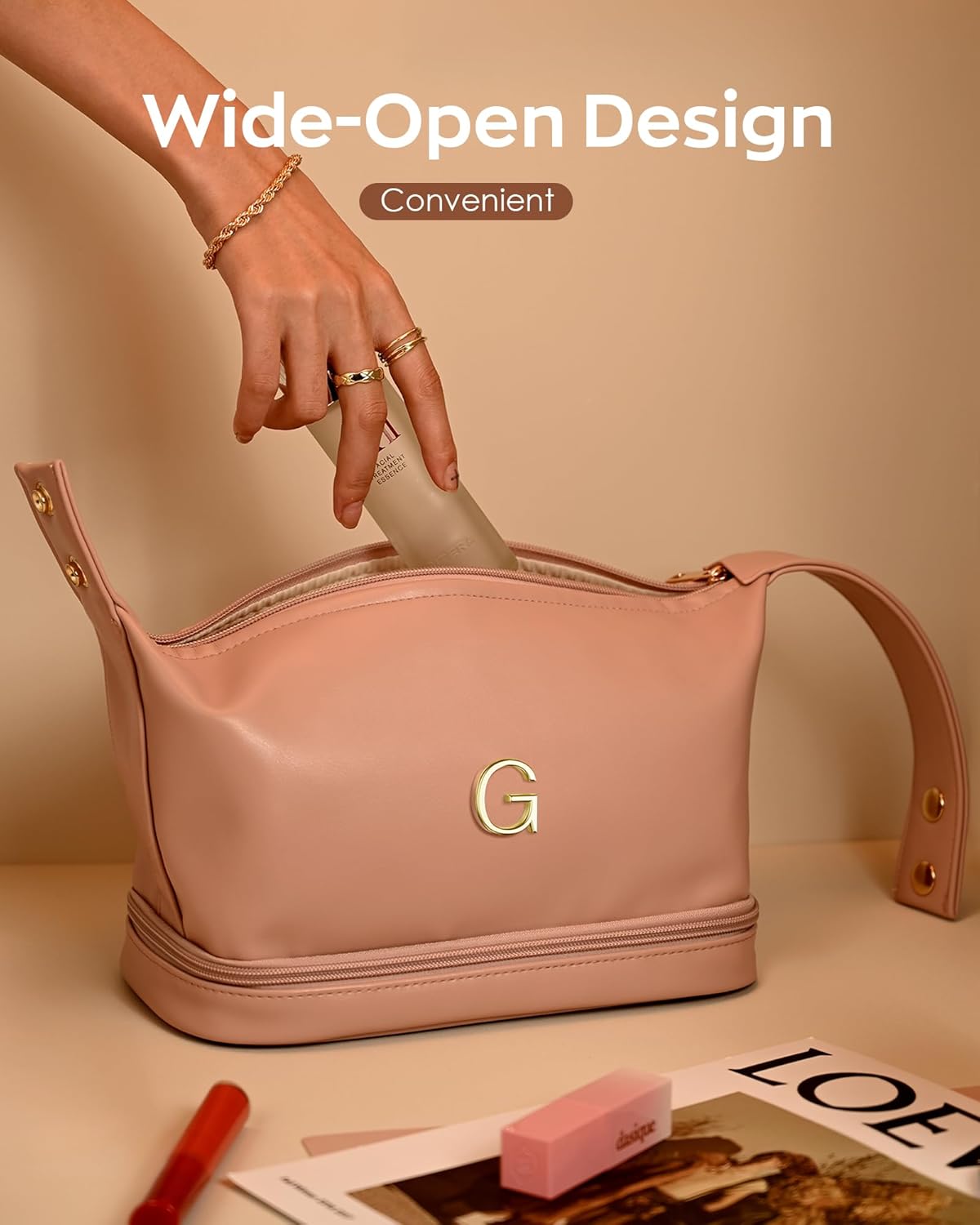 Birthday Gifts for Women, Personalized Makeup Bag with Handle, Initial Double Layer Cosmetic Bag with Makeup Brush Organizer, PU Leather Travel Toiletry Bag, Gifts for Friends Female Mom