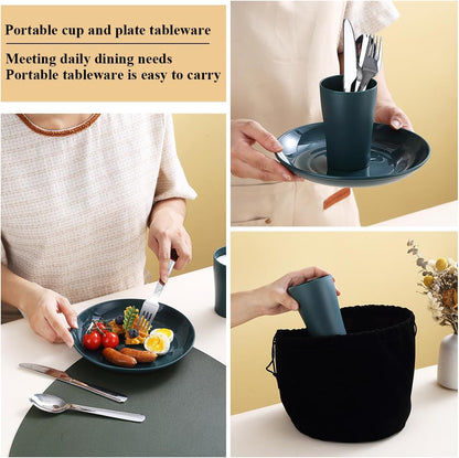 Evanda Camping Cutlery Set, Reusable Light Weight Mug, Plate and Stainless Steel Cutlery Set with Black Bag, Dishwasher Safe