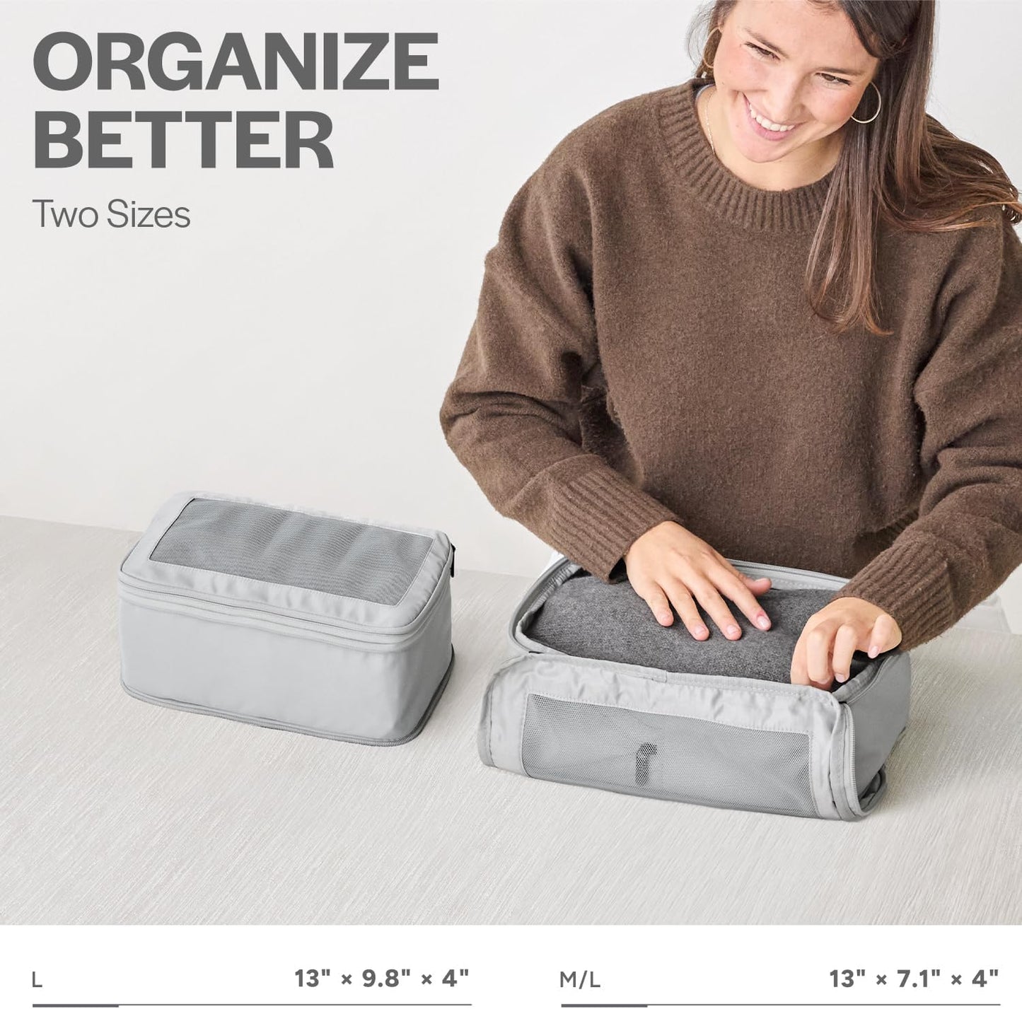 Compression Packing Cubes for Travel - Luggage Organizer Bags - Double Zipper Packing Cubes for Suitcases (2-Pack, Light Grey)